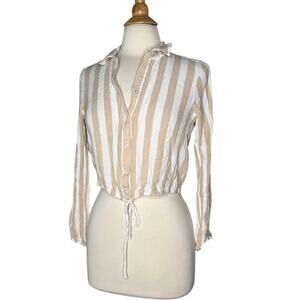 Hollister Striped Tan and White Women's Top Button Front Crop Top Lightweight